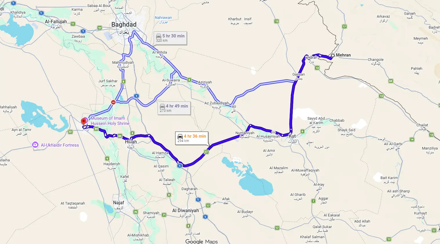 نقشه مهران تا کربلا