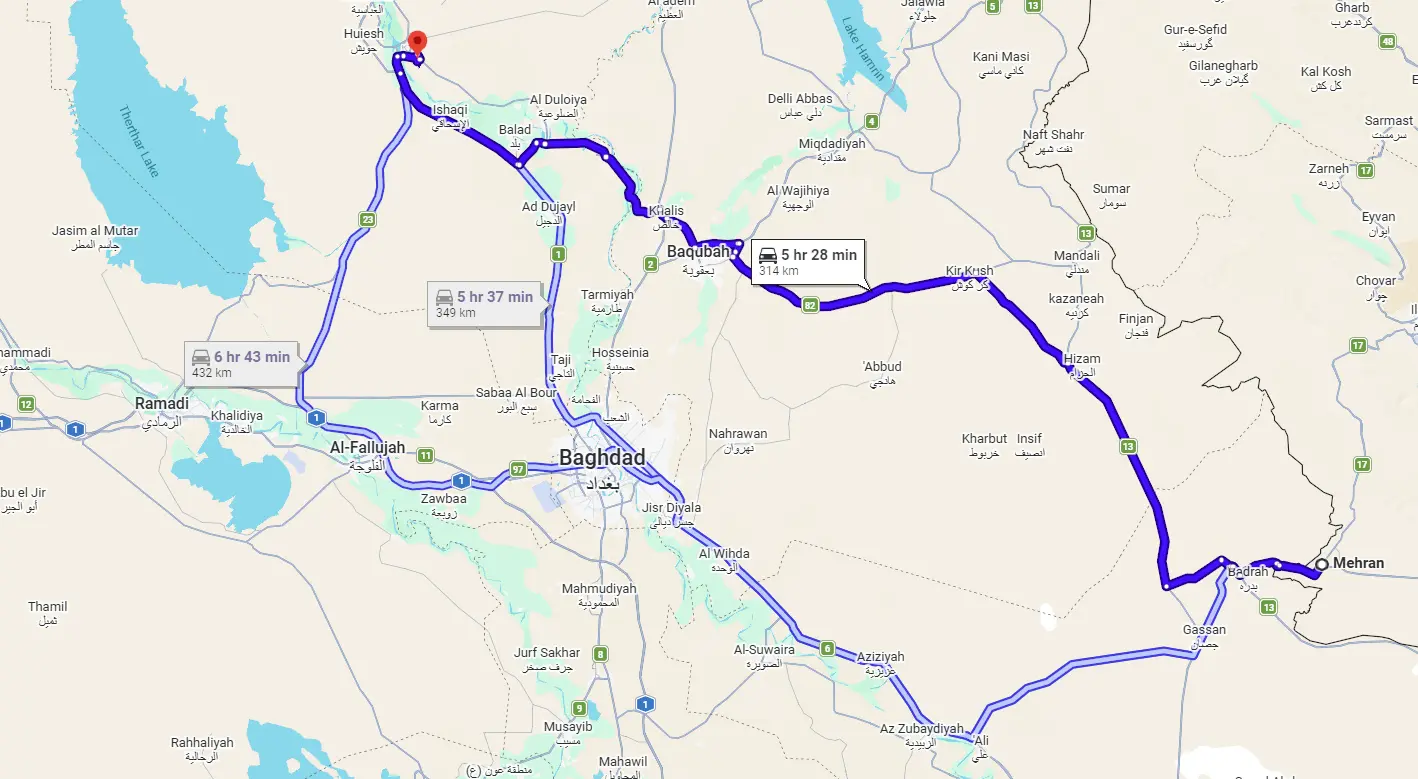 فاصله سامرا تا مرز مهران