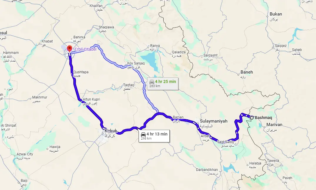 فاصله مرز باشماق تا اربیل