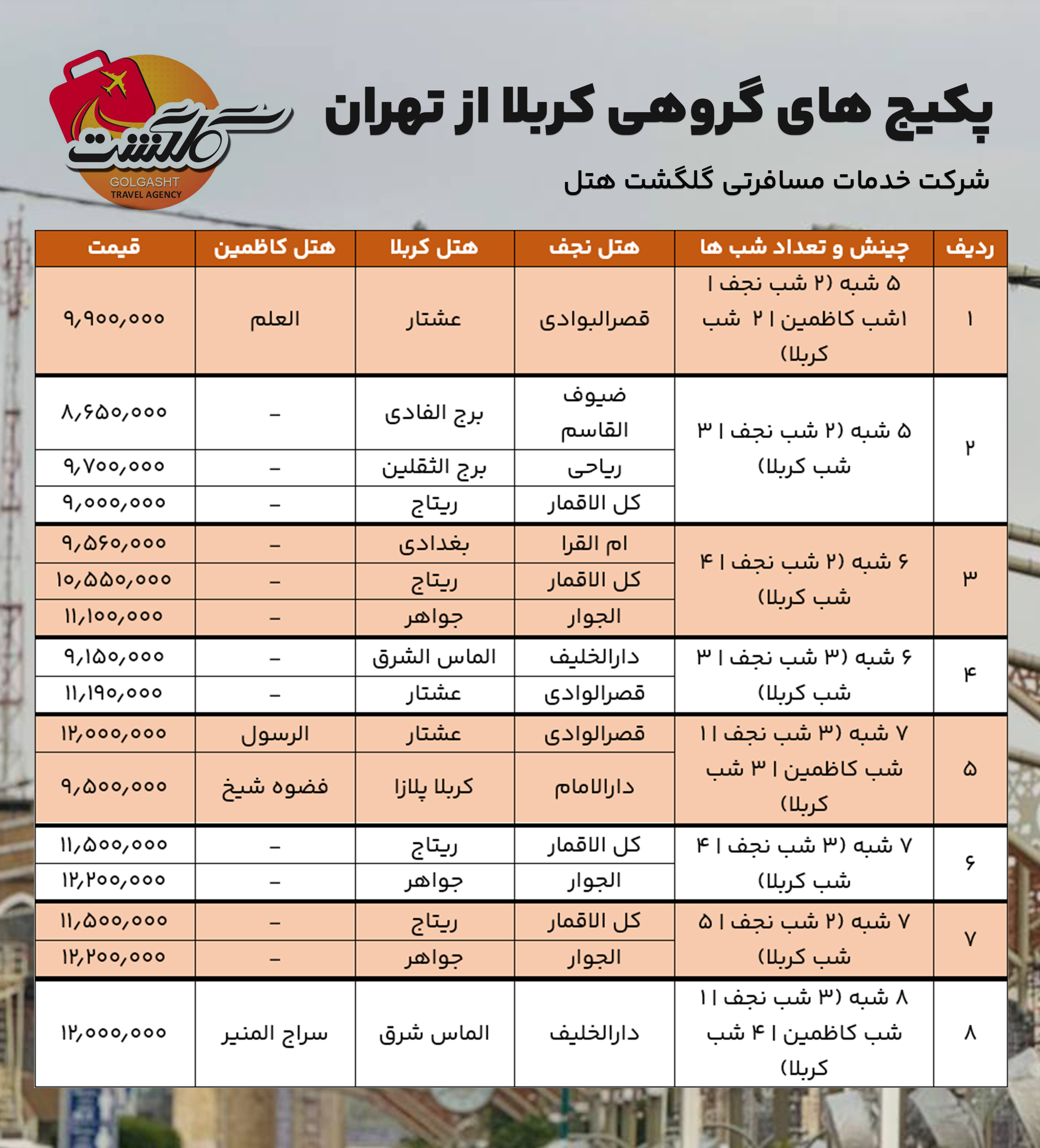 قیمت تور کربلا دی ماه 1403 - گلگشت هتل